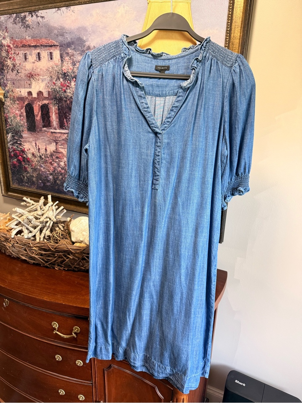 Talbots Light Blue Chambray Smocked Shoulder Tunic